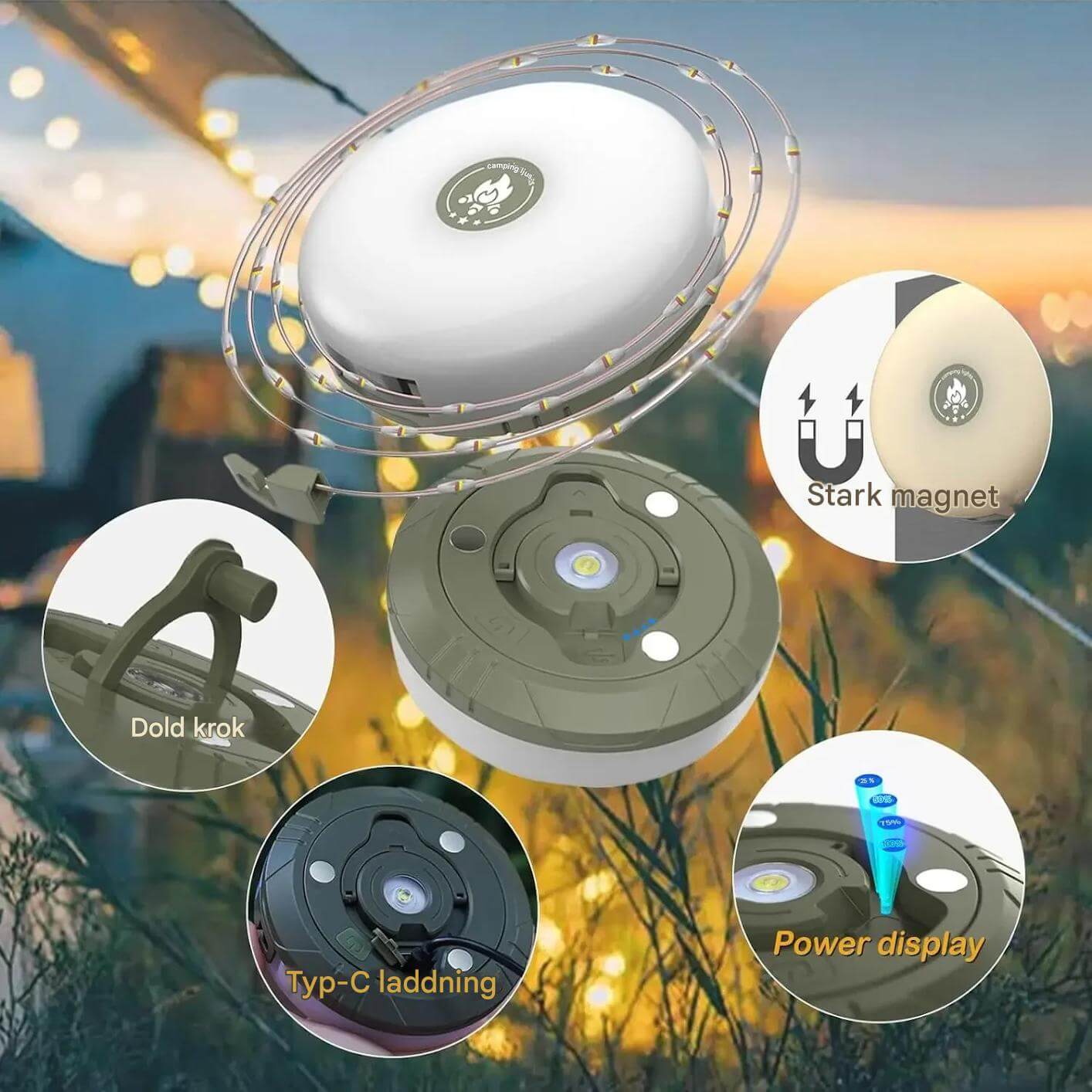 Nordlyx – Uppladdningsbar 4-i-1 LED-lampa med Ljusslinga | Mångsidig Belysning för Camping och Trädgård