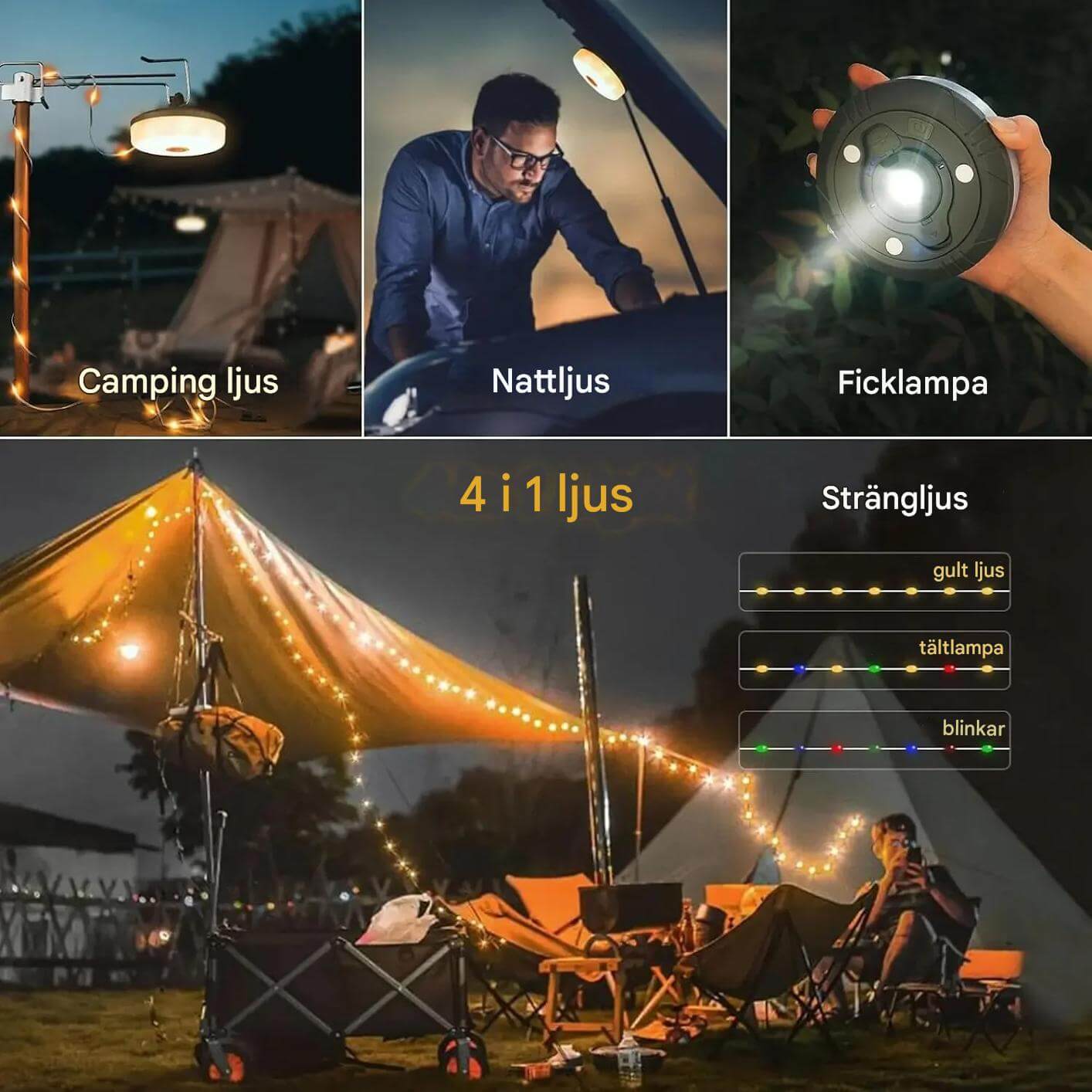 Nordlyx – Uppladdningsbar 4-i-1 LED-lampa med Ljusslinga | Mångsidig Belysning för Camping och Trädgård
