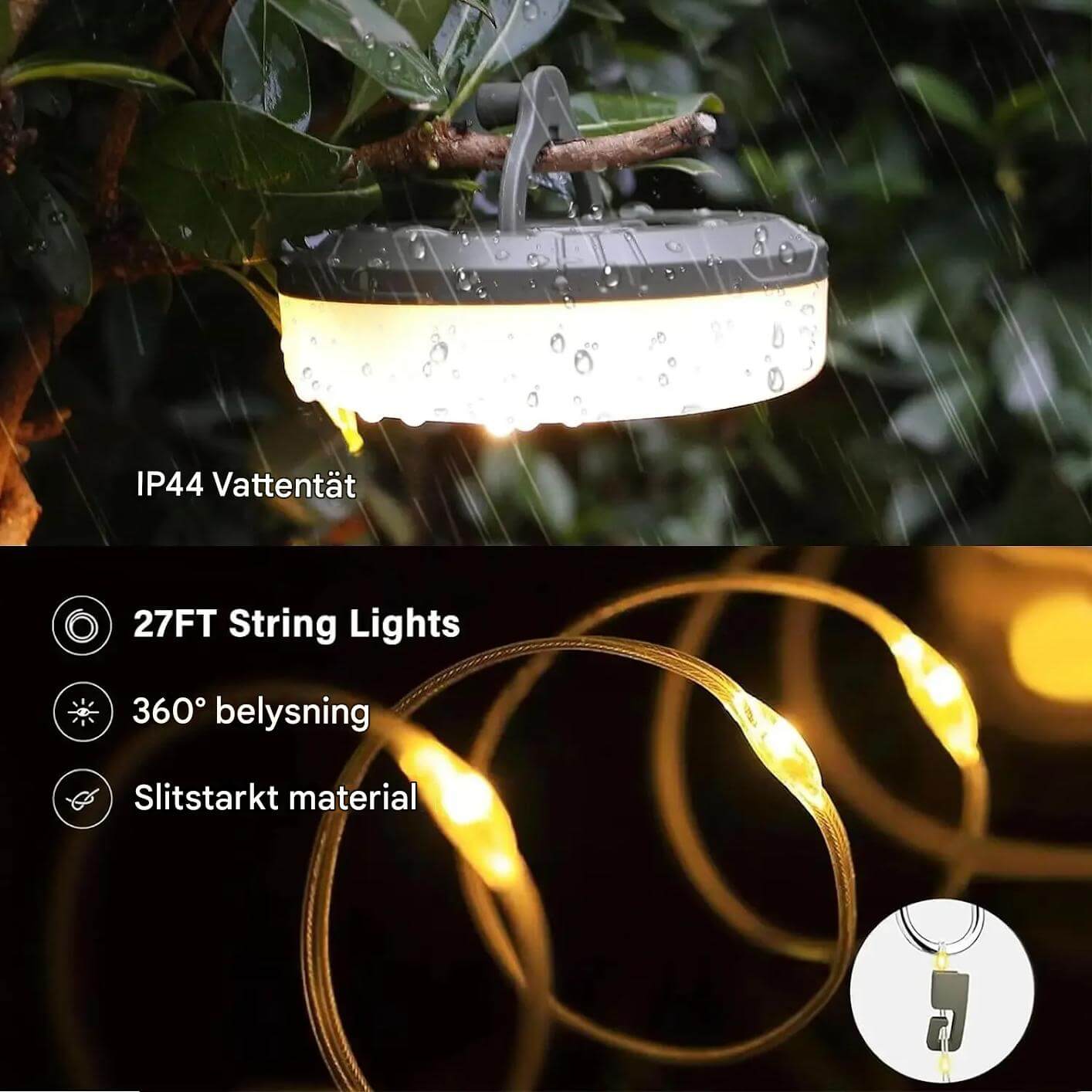 Nordlyx – Uppladdningsbar 4-i-1 LED-lampa med Ljusslinga | Mångsidig Belysning för Camping och Trädgård