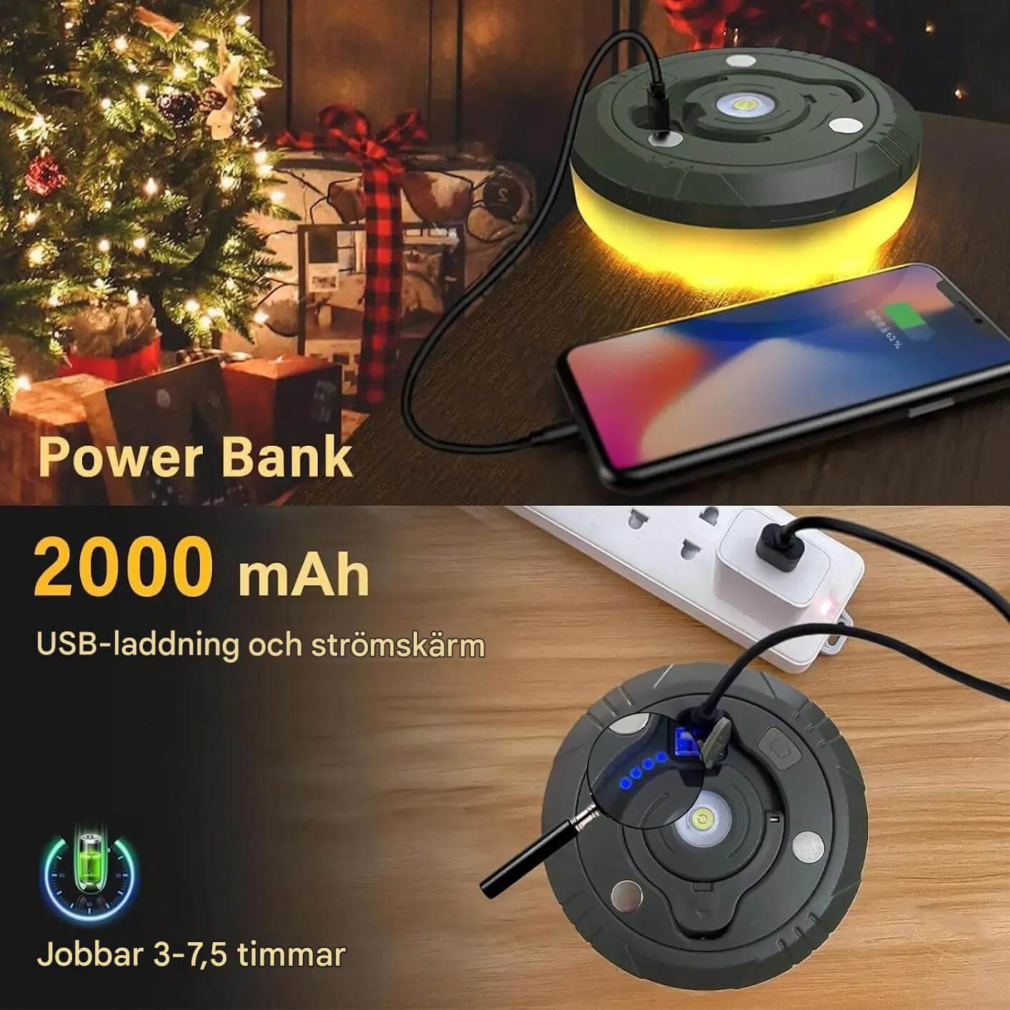 Nordlyx – Uppladdningsbar 4-i-1 LED-lampa med Ljusslinga | Mångsidig Belysning för Camping och Trädgård