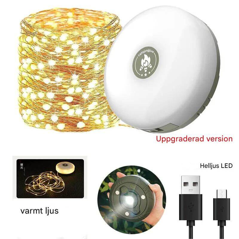 Nordlyx – Uppladdningsbar 4-i-1 LED-lampa med Ljusslinga | Mångsidig Belysning för Camping och Trädgård