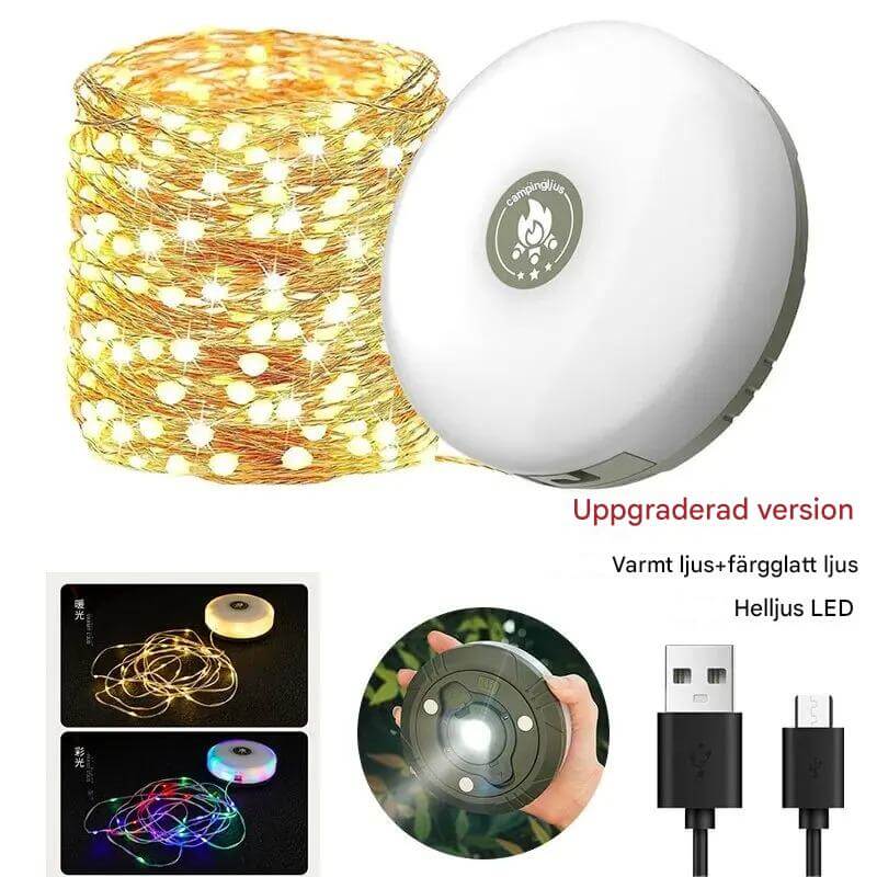 Nordlyx – Uppladdningsbar 4-i-1 LED-lampa med Ljusslinga | Mångsidig Belysning för Camping och Trädgård